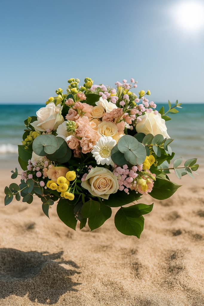 Zomers boeket op het strand – tips voor warme dagen Boeket bloemen op strand met zon en zand tijdens warme zomerdag